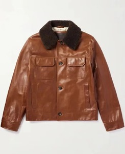Veste streetwear en cuir de vache véritable marron, écologique, coupe-vent, col rabattu, boutons sur le devant, poche utilitaire, vêtements d'extérieur pour homme - Product Image 1