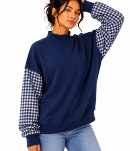 Wholesale Custom Women's Gingham Letter Applique <b>Mock</b> <b>Neck</b> Sweatshirt Patchwork Sleeve Loose Drop Shoulder <b>Top</b> - Product Image 1