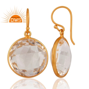 Round Shape Crystal Quartz Gemstone Earrings Wholesale 18k <b>Gold</b> Plated 925 Silver Bezel <b>Set</b> Dangle Earrings Jewelry - Product Image 4