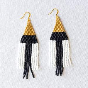 Shan India Bohemia Black Gold White <b>Plant</b> Design Handwoven Glass Beaded Fringe Fish <b>Hook</b> Earrings Women Gold Plated Lead Free - Product Image 5