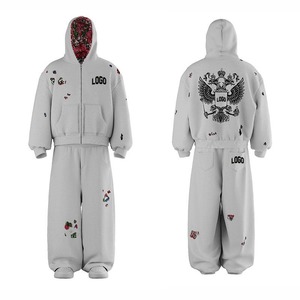 Conjunto Deportivo Personalizado Gris Liso de Algodón, Sudadera con Capucha y Cremallera con Diseño Gráfico, Pantalones Deportivos Holgados de 2 Piezas - Product Image 1