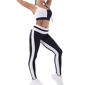 Ensemble de leggings et soutien-gorge de sport pour femmes, noir et blanc, à blocs de couleur, col asymétrique, taille haute, pour yoga et entraînement - Product Image 5