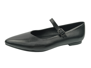 Chaussures plates Mary Jane en cuir véritable noir pour femmes, bout pointu, fermeture à boucle en T, toutes saisons - Product Image 2