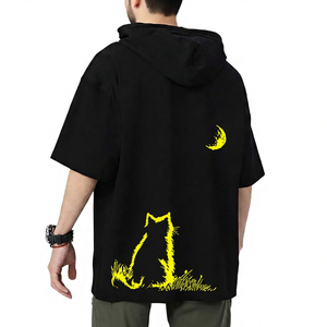 เสื้อยืดโอเวอร์ไซส์มีฮู้ดสีดำสำหรับผู้ชายพร้อมลายพิมพ์แมวและดวงจันทร์แขนสั้นเสื้อผ้าฝ้ายลำลอง - Product Image 5