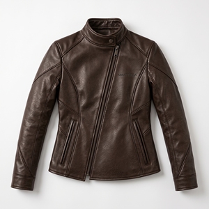 Chaqueta de Motociclista para Mujer, Estilo Cuero Marrón, Cuello Alto, Cierre Asimétrico, Corte Ajustado - Product Image 5