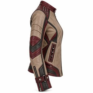 Tan Burgundy Leather Jacket Women Gothic Forest Moon Graphic <b>Studded</b> Snap Neck <b>Belted</b> Cuff Biker Coat Custom Manufacturer Offer - Product Image 3