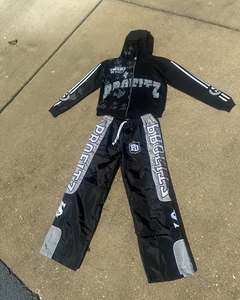 Ensemble sweat à capuche zippé et pantalon évasé effet vieilli personnalisé, brodé de strass, streetwear épais - Product Image 2