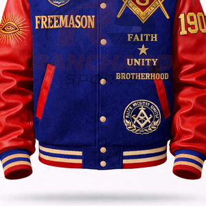 Veste universitaire personnalisée d'inspiration maçonnique – Corps en laine de qualité supérieure avec manches en cuir PU et symboles brodés - Product Image 3
