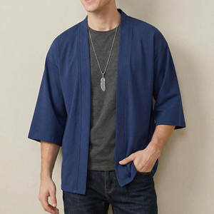 Chemise Kimono Homme Bleu Marine Sans Col Manches Trois-Quarts Décontractée Été Coton Popeline Respirante Design Point Ouvert - Product Image 4