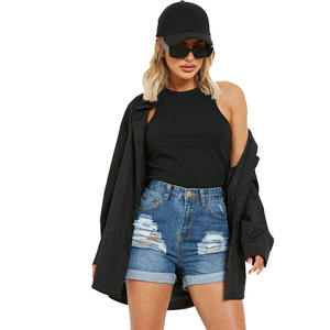 Shorts en jean déchirés taille haute pour femme, bleu délavé, coupe skinny, style décontracté, effet vieilli, pour dames - Product Image 3