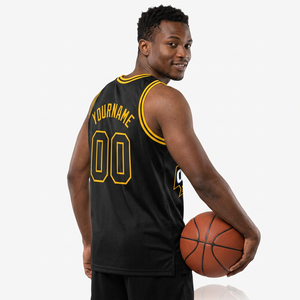 Maillot de basket-ball personnalisé sublimé noir et jaune en mesh, débardeur unisexe adulte respirant en polyester avec impression de logo sur le devant - Product Image 2