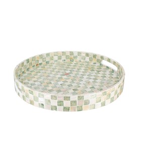 Bandeja personalizada de nácar, hecha a mano, con motivo de tablero de ajedrez verde, mosaico de conchas, plato decorativo redondo para servir. - Product Image 1