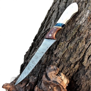 Damascus Steel Fillet <b>Knife</b> With Wood <b>Handle</b> Drop Point Blade Straight Edge 0.6 Mm Thickness DIY Grade Non Adjustable - Product Image 1