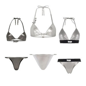 Conjunto de Bikini para Mujer, Top Corto y Tanga, Color Sólido, Traje de Baño Elástico de 2 Piezas con Logotipo Estampado, Ropa de Playa - Product Image 3