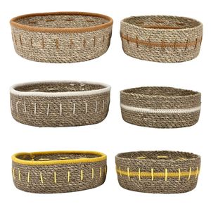 Plateaux et paniers de rangement alimentaire portables en jonc de mer tressé CORDLINE, écologiques, avec accents en cordon cousu - Product Image 1