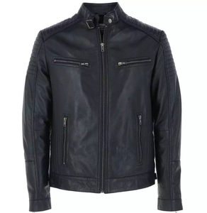 Veste moto décontractée en PU noir pour homme, col roulé, fermeture éclair, coupe ajustée, style hiver - Product Image 1