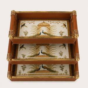 Luxury Mughal Art Peacock Wooden Serving Tray <b>Set</b> of 3 Decorative Nested Trays with Enamel Coated <b>Waterproof</b> Finish - Product Image 5