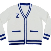 Cardigan en tricot blanc personnalisable OEM avec broderie bleue, col en V, manches longues, style preppy d'hiver, pull pour femme
