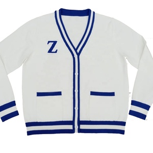 Cárdigan de punto blanco OEM con ribete azul y cuello en V con la letra Z, manga larga, estilo preppy para mujer. - Product Image 1