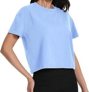 Sexy Women's Light Blue <b>Cropped</b> T-Shirt Short Sleeve Gym <b>Top</b> Solid Color Box Fit Style - Product Image 5