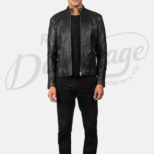 Veste de motard en cuir véritable noir de qualité supérieure pour hommes, coupe ajustée, col montant, fermeture éclair classique, manteau décontracté pour moto et streetwear - Product Image 4