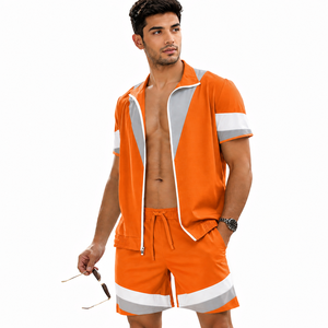 Custom Men's Summer Tracksuit Set Short Sleeve <b>Zip</b> Shirt and Shorts Streetwear OEM Logo Apparel - Product Image 2