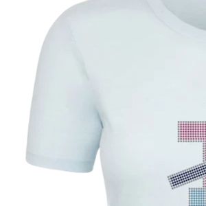 เสื้อยืดกราฟิกแขนสั้นผู้หญิงสีน้ำเงิน พิมพ์ลายตัวอักษรแบบประสาน คอกลม ลำลอง น้ำหนักเบา แฟชั่นสำหรับทุกวันสำหรับสุภาพสตรี - Product Image 2