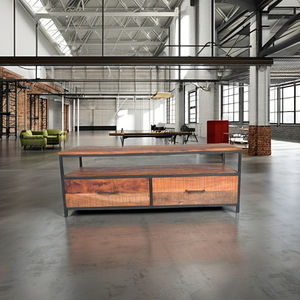 Meuble TV convertible en bois massif et fer, design industriel moderne, pour salon - Product Image 1