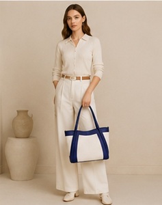 Sac fourre-tout Gravs Premium en toile marine et cuir pour femme – Grand sac à bandoulière élégant, de luxe, décontracté, pour le travail, OEM ODM, avec fermeture éclair, en polyester - Product Image 4