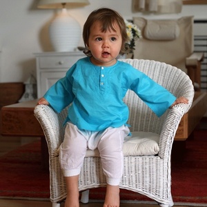 Turquoise Summer Wear Short <b>Kaftan</b> Crafted By 100% Soft Cotton Featuring With Beautiful Embroidery Long Sleeves & Front Buttons - Product Image 2