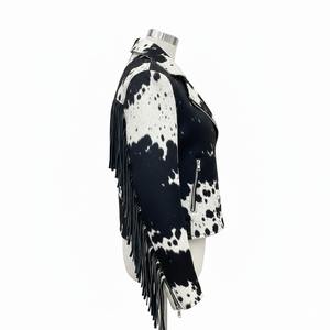 Chaqueta de Cuero de Vaca con Diseño de Pelo Natural Hecha a Mano Personalizada para Mujer, Chaqueta de Motociclista de Alta Calidad con Flecos de Inspiración Occidental - Product Image 2