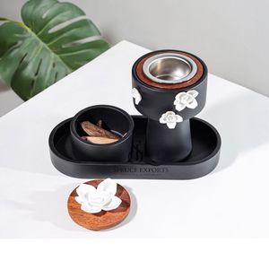 Modern Matte Black Metal & Wood Incense Burner Box With Tray & <b>White</b> Flower Accents. Powder Coating Finish For Home Decor - Product Image 2