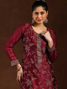 Maroon Designer Party <b>Wedding</b> Wear Vichitra Silk Fancy Heavy Embroidery Sequence Work <b>Top</b> and Santoon Silk Bottom With Dupatta - Product Image 3