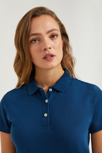 Polo pour femme en tissu piqué 100% coton, manches courtes, couleur unie, longueur normale, bleu marine - Product Image 5