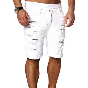 กางเกงยีนส์ขาสั้นผู้ชายสำหรับฤดูร้อน ขาดรุ่ย สีพื้น ผ้าฝ้าย ทรงสลิม ตรง ยืดได้ - Product Image 6