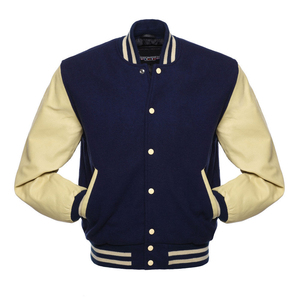 Custom Luxury Leather Sleeve <b>Mens</b> Wool <b>Varsity</b> <b>Bomber</b> <b>Jacket</b> <b>Men</b> with Striped Knit Cuffs - Product Image 1
