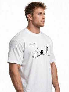 ONETEN APPAREL เสื้อยืดแขนสั้นผู้ชายสีขาว O-Neck Casual Guitar Cat Print Top - Product Image 2