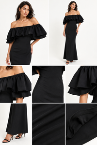 Robe d'été pour femmes très vendue - Robe maxi chic noire à épaules dénudées et volants pour un usage quotidien décontracté et des tenues de soirée - Product Image 2