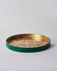 Plateau de service rond en bois Meena floral fait main de luxe, plateau décoratif pour thé et café avec poignées - Product Image 1