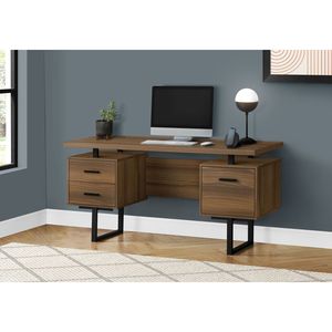 Contemporary 60\"L Walnut Laminate <b>Black</b> Metal <b>Computer</b> <b>Desk</b> for Home Office Left & Right Set-up with Storage Drawers for Work - Product Image 5