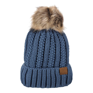 Gorro de punto unisex color crema con pompón de piel, gorro de invierno tejido a mano para uso casual al aire libre, talla adulto 56-58CM - Product Image 5