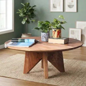 Mesa de Centro Redonda de Madera de Acacia Sólida, Muebles Rústicos Hechos a Mano para Sala de Estar, Entrada, Decoración de Casa de Campo - Product Image 1