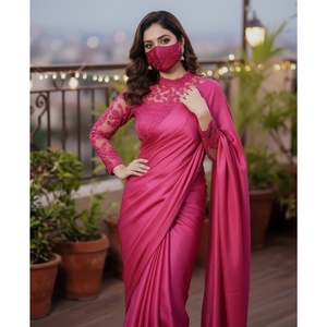 Premium Vintage Deep Red Silk <b>Saree</b> Intricate Lace Embroidery Floor-Length <b>Blouse</b> Matching Face Mask-Ready Wear Custom Colors - Product Image 3