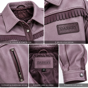 Chaqueta Overshirt de Cuero Genuino Suave Color Lavanda Polvoriento de Corte Holgado con Pecho de Flecos y Cierre a Presión para Mujer, Servicio ODM Personalizado, Proveedor - Product Image 6
