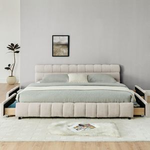 Letto King Size Imbottito in Tessuto Chenille con Testiera Solida e Cassetto, Comoda Struttura Letto - Product Image 5