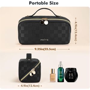 Women's Waterproof Vegan Leather <b>Travel</b> Makeup <b>Bag</b> Open Flat for Toiletry Organizer with <b>Clear</b> Divider and Handle - Product Image 2