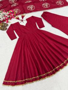 Traditional Indian Pakistani <b>Red</b> <b>Silk</b> Anarkali Salwar Kameez Floor-Length Women's Wedding Dress Loose Fit Stretchable - Product Image 6