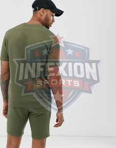 Ensemble t-shirt à manches courtes et short pour homme, vert olive, col rond, couleur unie, coton léger, vêtements d'été décontractés - Product Image 3