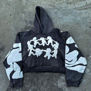 Sudadera con capucha corta rosa claro para hombre, estilo oversize con estampado gráfico, manga larga, tipo pullover, casual, streetwear, a la moda. - Product Image 2