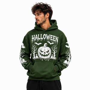 Sudadera con Capucha Personalizada de Halloween para Hombre, Color Verde Oscuro, con Estampado 3D de Calabaza, Murciélago y Cementerio, Felpa de Algodón, OEM - Product Image 1